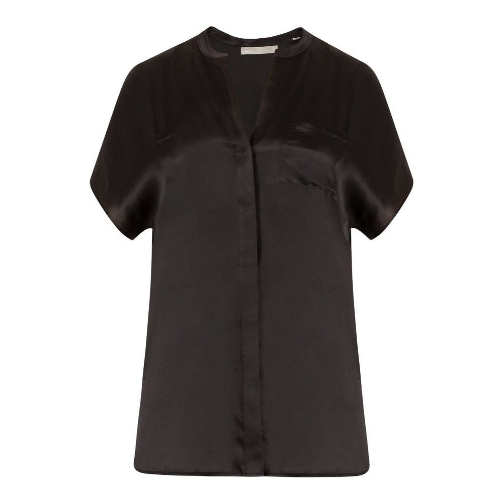 vince 100% silk black button up v-neck collarless blouse top
